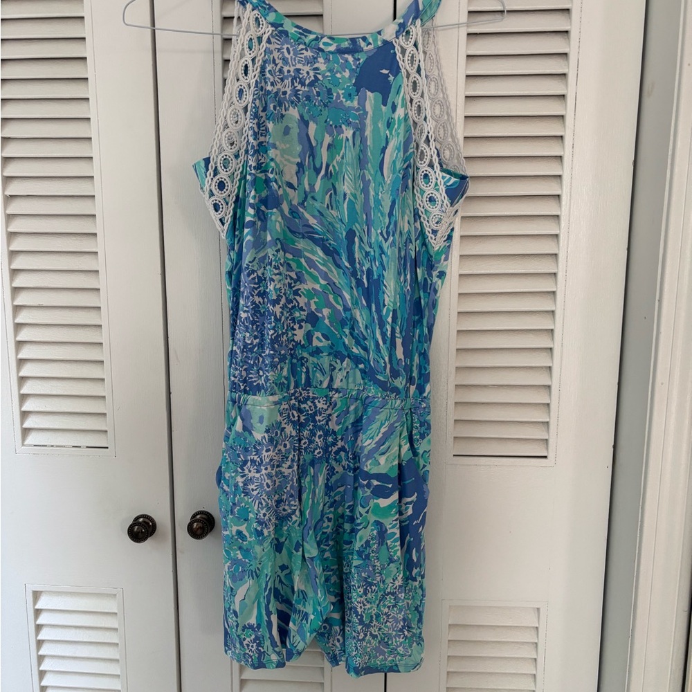 Blue and Green Patterned romper with Lace Straps
